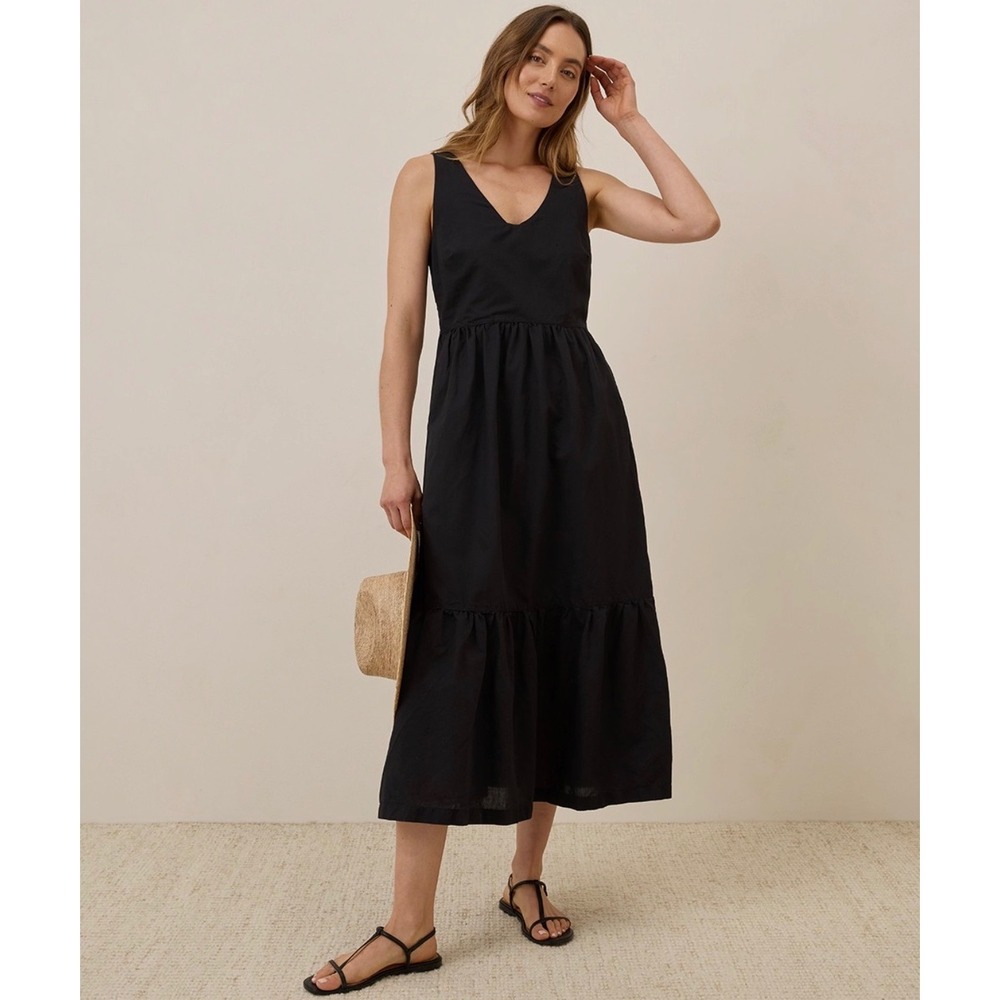 Pact | Canopy Linen Blend Easy Tank Dress Plus Size XXL Black Smocked Tiered